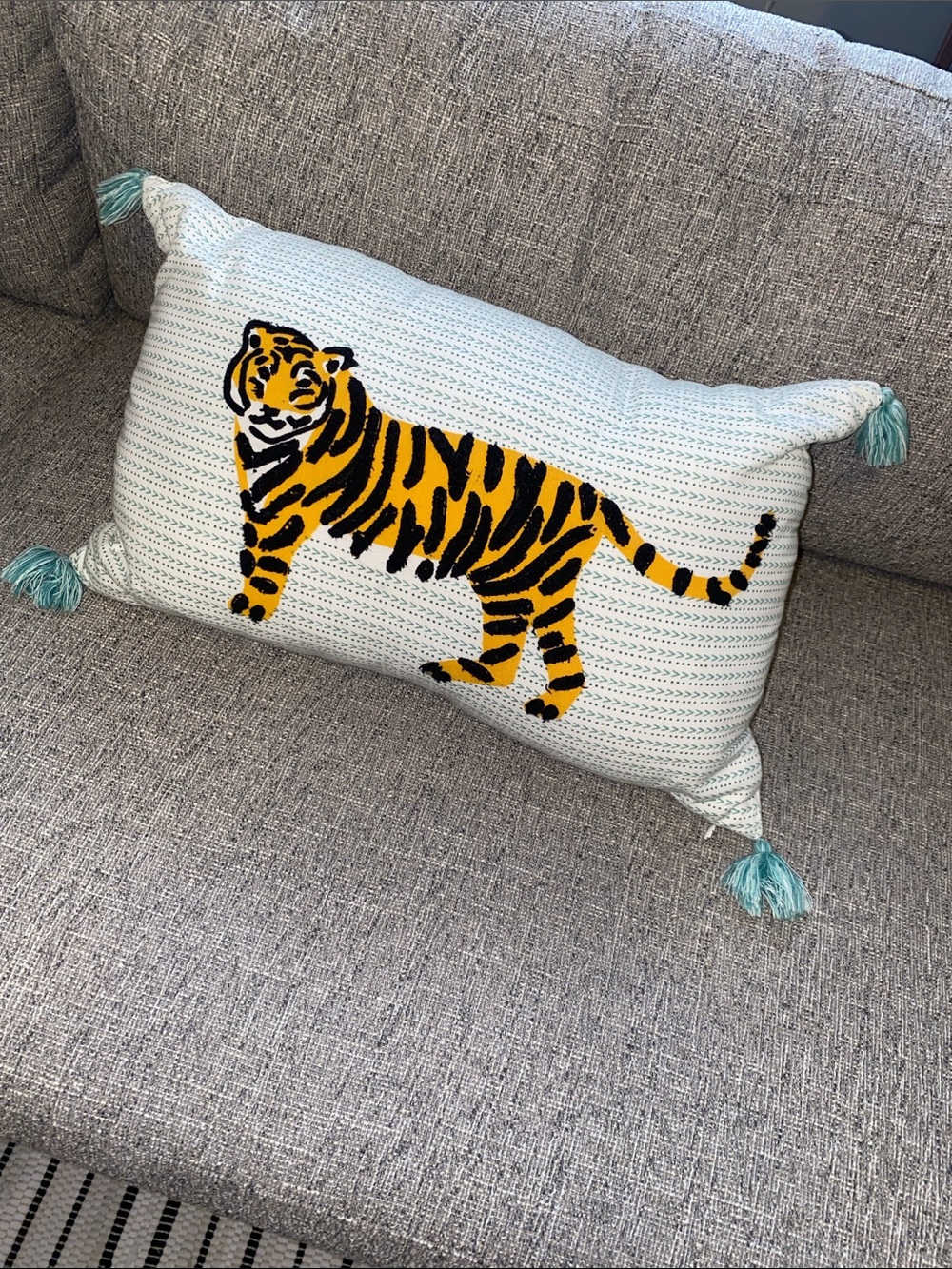 Tiger Motif Decorative Pillow with Teal Tassels